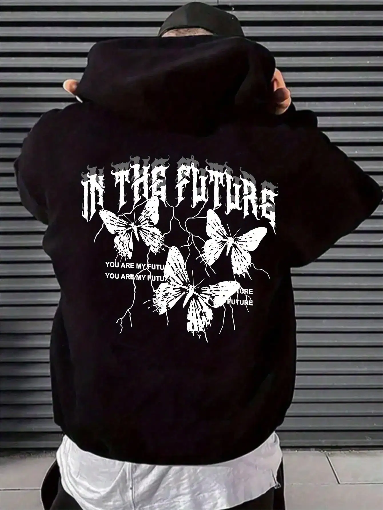 هودي كاجوال للربيع والخريف للرجال مع طباعة فراشة على الظهر، للجنسين، متوفر باللون الأسود