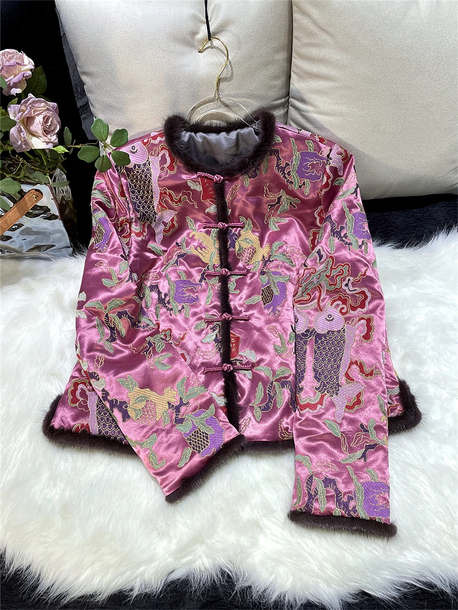 

Новый китайский традиционный костюм Тан из хлопка с вышивкой, отделкой из ацетатного меха норки и двойным воротником, для любителей животных, цвет гранат.