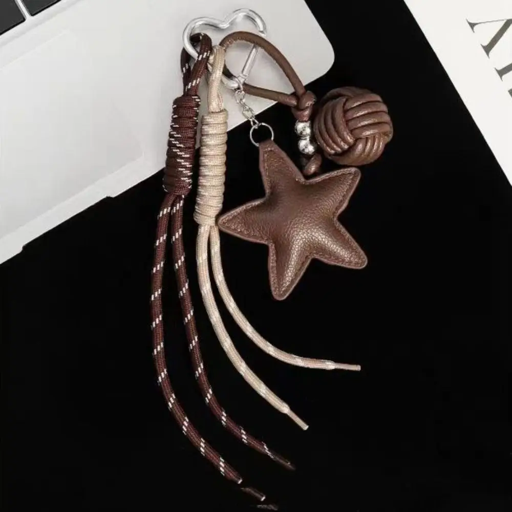 

PU Leather Five Pointed Star Bag Pendant Woven Rope Anti-Lost Leather Star Keychain Trinket Bag Decoration Star and Ball Pendant