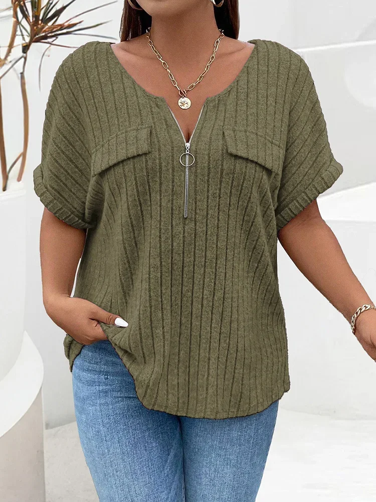 Plus Size Solid Women T shirts Fashion Women Summer New Short Sleeve Rib Knit Casual Tees Tops Female Casual Loose Street Tshirt