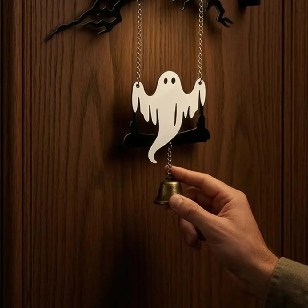 Easy Install Door Decor Halloween Ghost Swing Wind Chime with Vintage Bells Rustic Wooden Door Decoration Spooky Bat for Porch