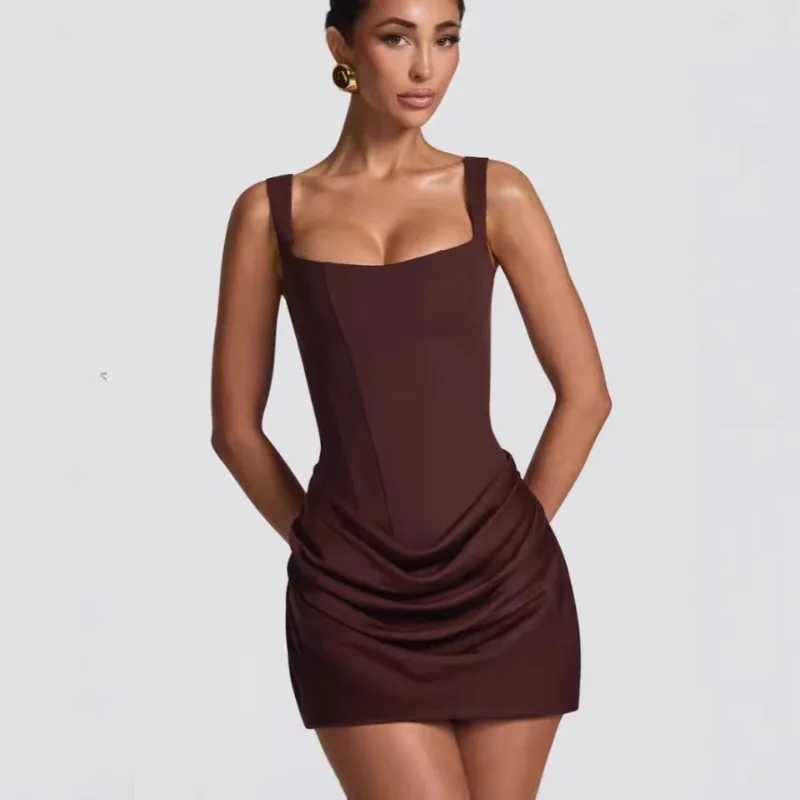 

French Sexy Square Neck Sleeveless Bodycon Mini Dress Women Lace Up Waist Slim Fit Party Club Short Dress Elegant Summer Outfit