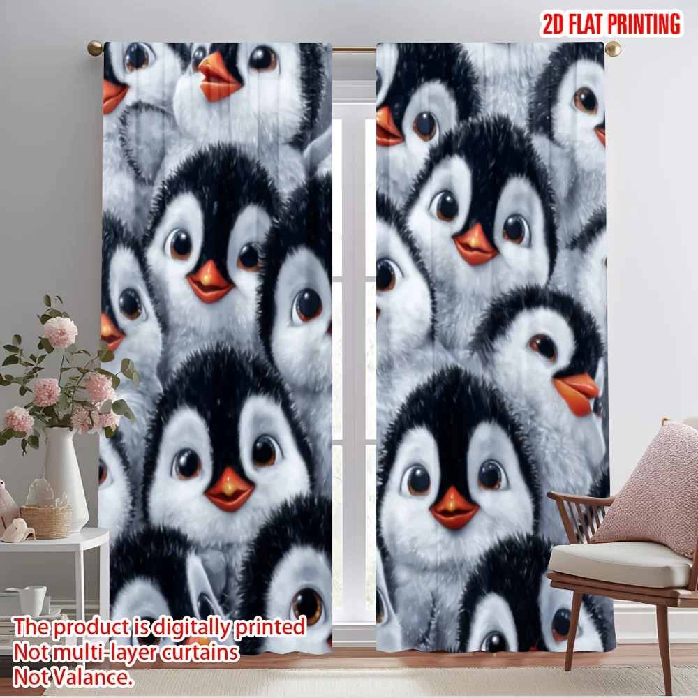 2pcs cute penguin baby curtain for kids room bedroom privacy and decor cartoon style polyester fabric Simple Installation