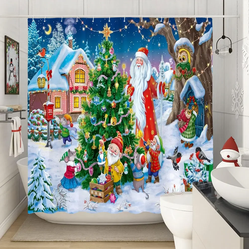 Christmas Reindeer Pattern Shower Curtain Merry Christmas Happy New Year Colorful Bathroom Decor Polyester Waterable Bath Curtai