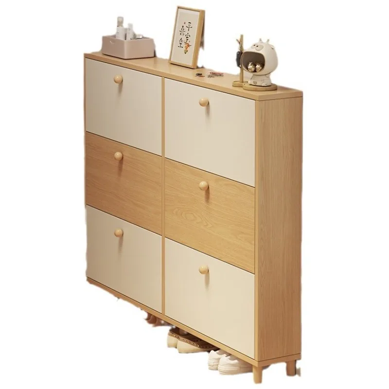 

Тумба для обуви из массива дерева, ультратонкая, кремового цвета, с откидной дверцей, для дома, для прихожей, многоярусная, простая конструкция.