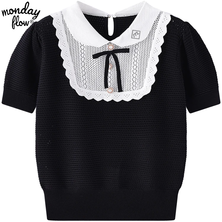 Monday Flow Summer Round Neck Short Sleeved Golf Shirts With Bow Tie Single Breasted Knit Top Shirt Casual Women's T-shirt