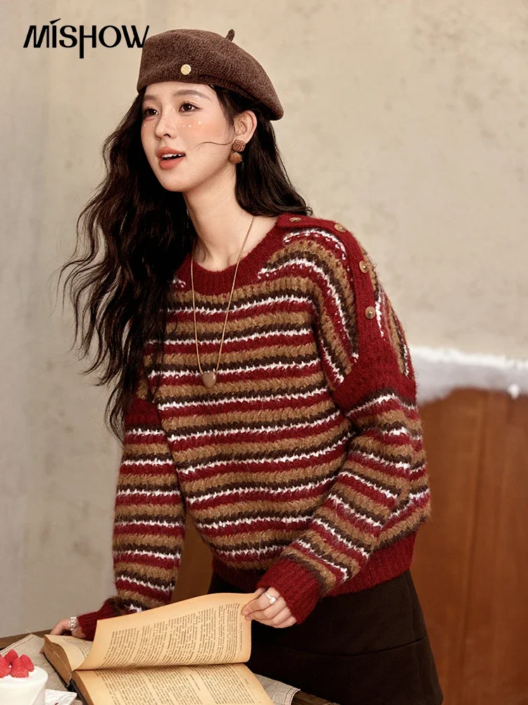 MISHOW Christmas Retro Striped Wool Blend Sweater Women Button Decoration Women Clothing Thick O-Neck Knitted Tops MXD59Z1060