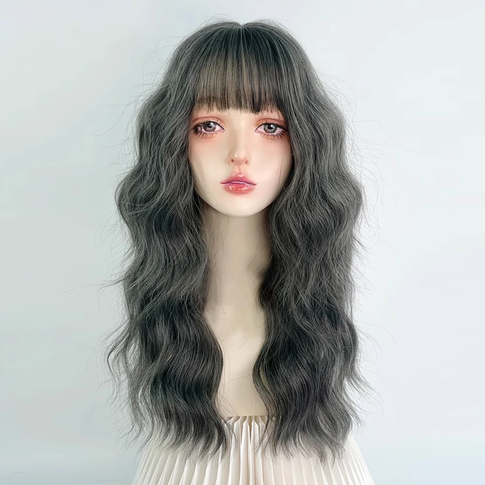 VICWIG Long Wavy Curly Grey Black Wig with Bangs Synthetic Lolita Cosplay Women Hair Heat Resistant Wig for Daily Party