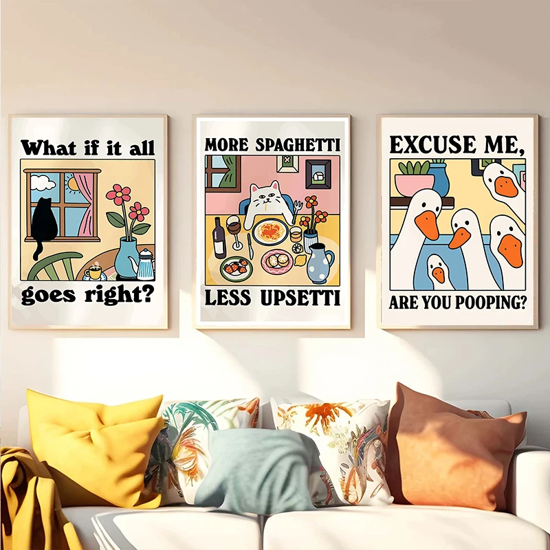 More Spaghetti & Less Regretful Cat Kitchen Canvas Print Are You Pooping Goose Wall Art Poster for Living Room Cafe Home Decor