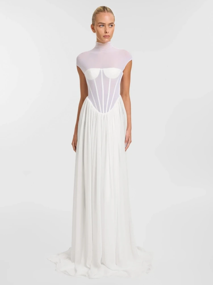 Nuovo abito lungo sexy a trapezio in rete senza maniche con collo alto da donna bianco trasparente pieghe abiti slim eleganti abiti da festa di nozze