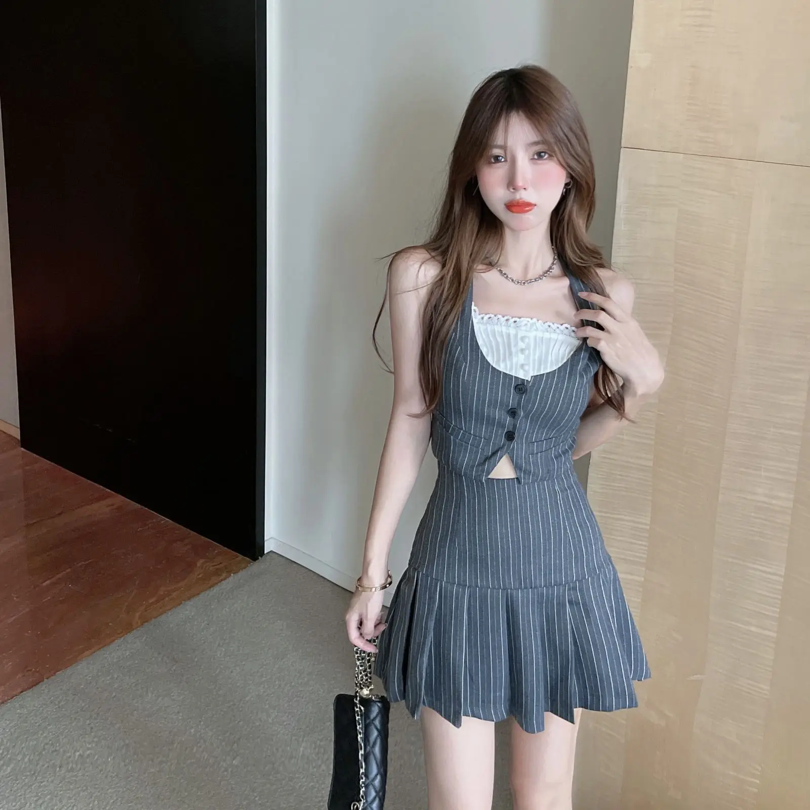 Grey Striped Patchwork Iace Women 2-Piece Set Button Sleeveless Vest + Pleated Skirt Summer Japanese Preppy Style Cute Girl Suit