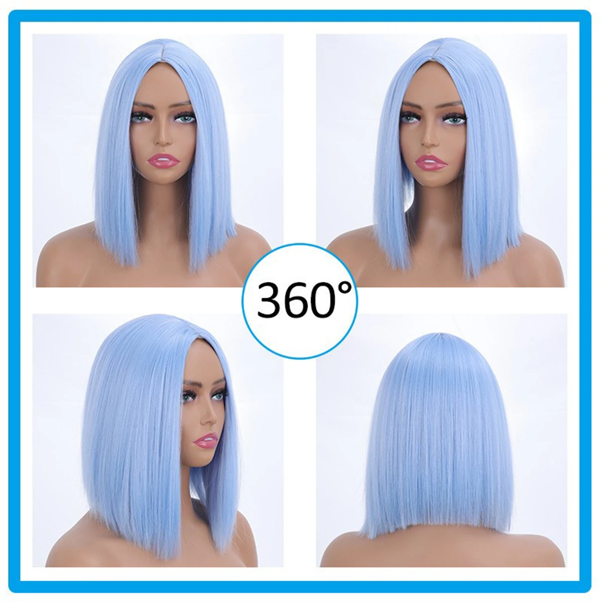 Perruque synthétique bleu clair pour femmes, perruque Bob courte et lisse avec frange avec raie centrale, perruques d'aspect naturel pour femmes, 2025