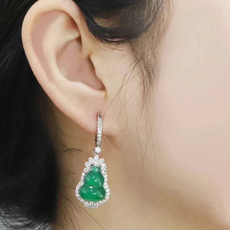 Natural Myanmar Jadeite Green Jade Gourd Dangle Earrings 24k Gold Plated Copper Grade A Burma Jade Earring Women Fine Jewelry