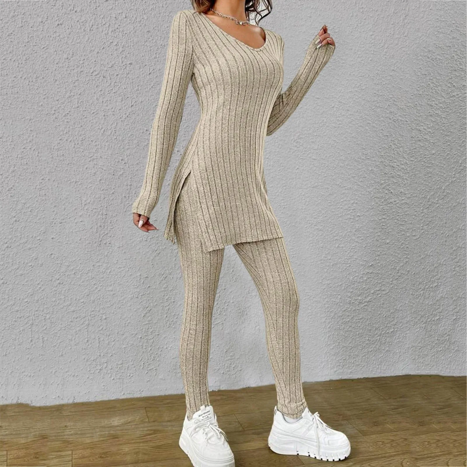 Casual Two Piece Set Women Outfits Autumn/Winter New Fashion Solid Knitted Long Sleeve Sweater & Loose Pants Suit Elegant