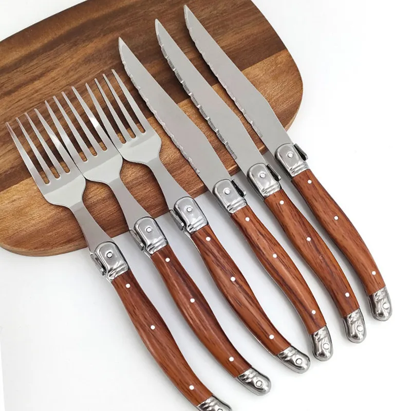 Plastic Wood Grain Handle Laguiole Steak Knives Forks Western Dinnerware Food Knife and Fork Set Stainless Steel Cutlery 6pcs