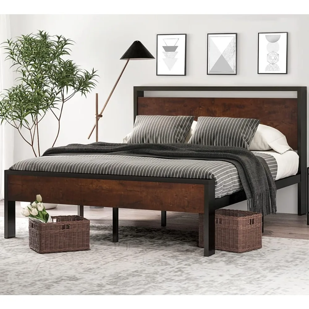 

SHA CERLIN 14 Inch Queen Size Metal Platform Bed Frame with Wooden Headboard and Footboard, Mattress Foundation, No Box Spring N