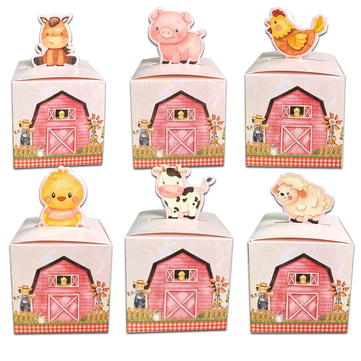 6pcs Farmland Animal Candy Boxes Carton Horse/Cow/Pig Shape Cookie Boxes for Kids Happy Birthday Party Decor Sweets Packagings