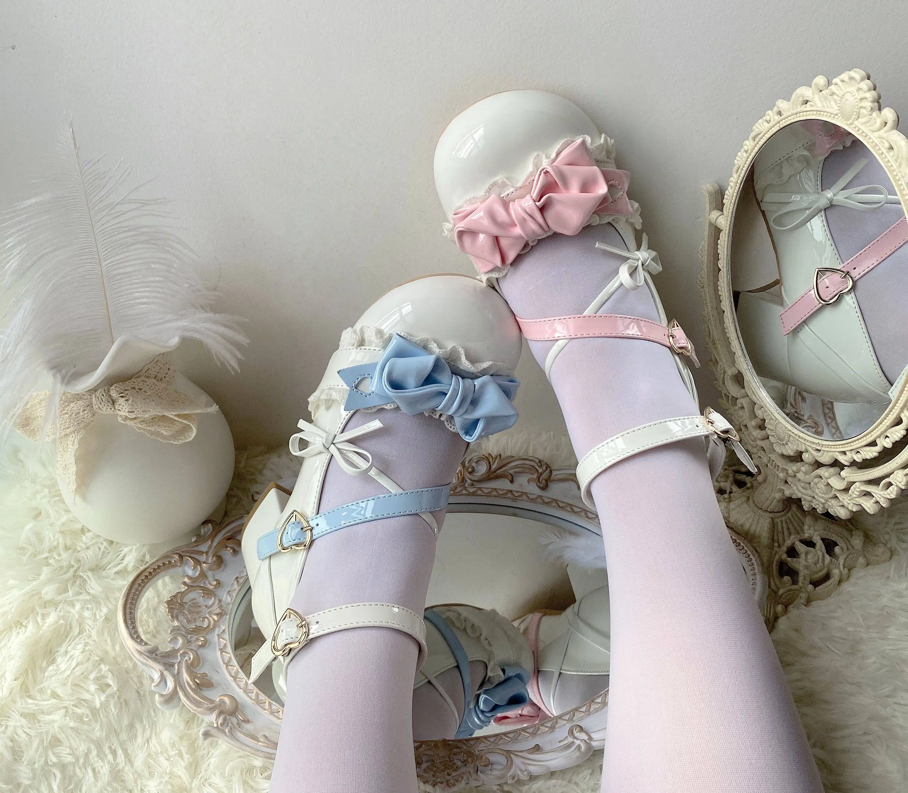 Japanese Style Sweet Lolita Mary Jane Pumps Cute Round Toe Heart Buckle Ruffle Mid Heel Shoes For Women
