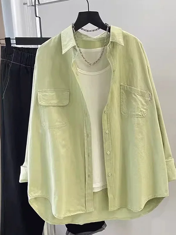 

Модная светло-зеленая хлопковая рубашка для женщин, весенне-осенняя новинка, повседневная однотонная рубашка с длинным рукавом, элегантный качественный топ