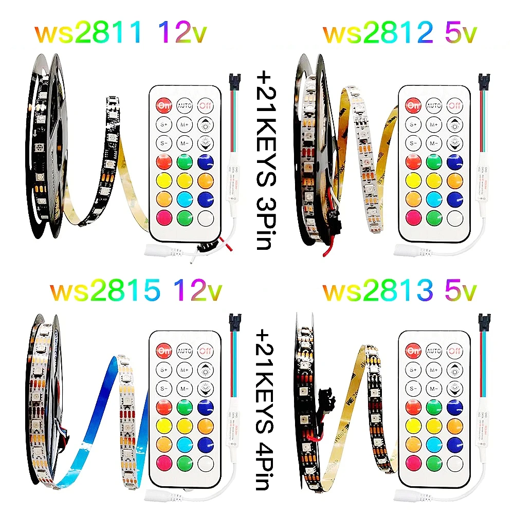 

WS2811 2812 2813 2815 individually addressable 3/4PIN LED light strip 1/5m 5050RGBIC pixel light strip 21key RF controller set