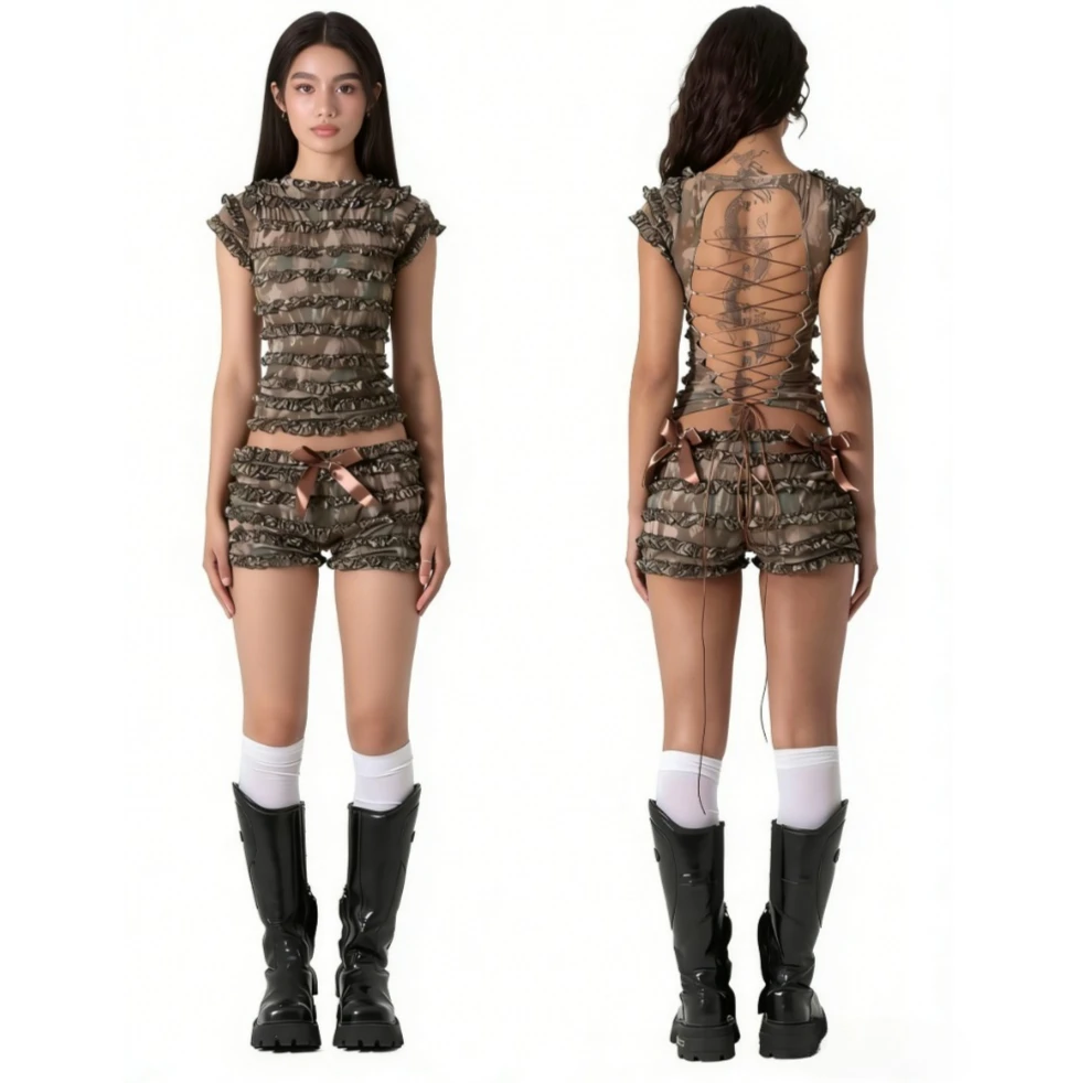 スイートスパイスガール-木製耳飾り付き-サイドホローアウト-ストラップキャミソールタンクトップ-レディース-サマーレース-ポンポン付きショートパンツ-2点セット