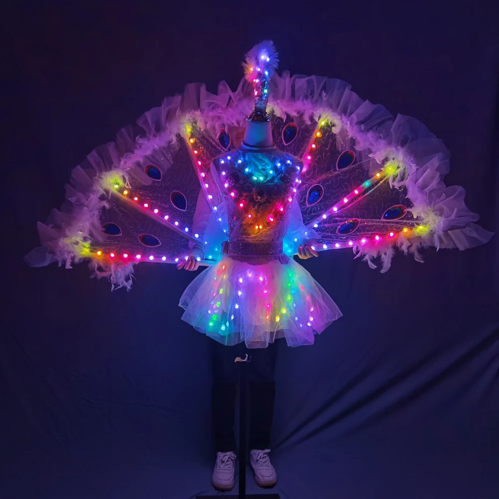 Full Color LED Peacock Wings Nightclub Catwalk Model Dance Party Stage Performance Wear Dress Women Girl Ballet Skirt