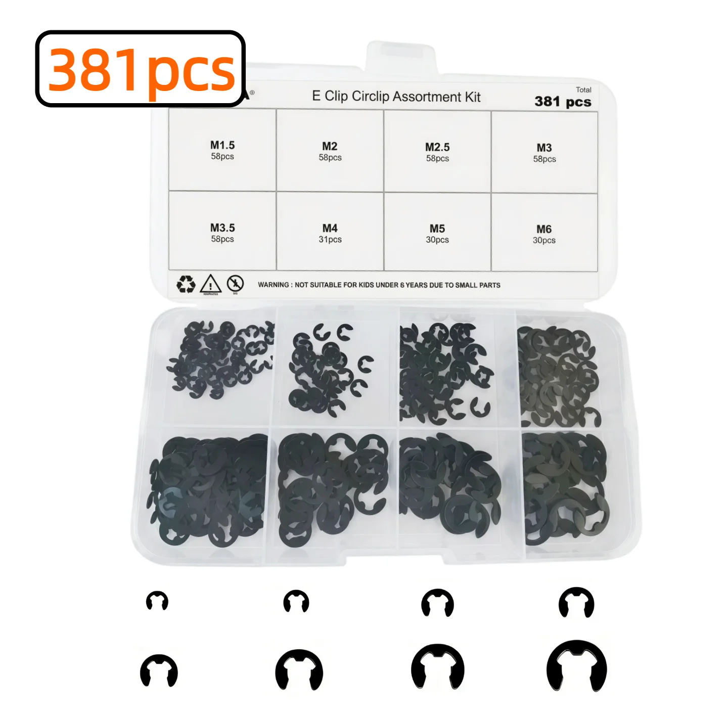 381/507-teiliges M1.5-M15 E-Clip-Set aus schwarzer Legierung, Sortiment für externe Sicherungsringe, metrische Sicherungsringe für Wellenlager und Hardware – Detail 4
