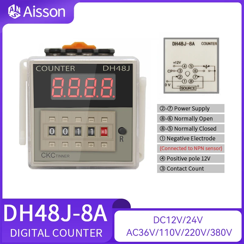 DH48J-8 8A 11A Electronic Preset Digital Display Counters Relay NPN Sensor Count Acyclic 8PIN 11PIN With Base DC12V 24V AC220V