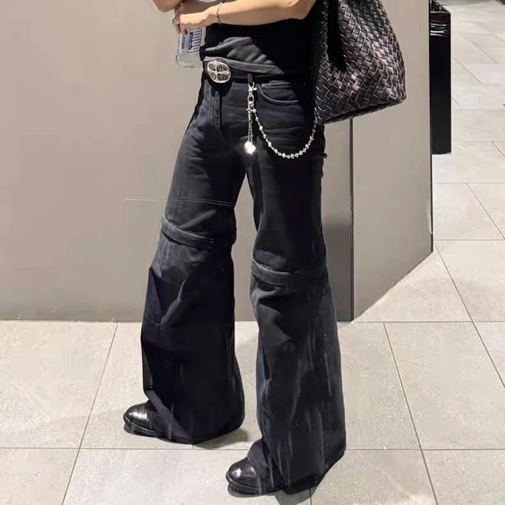 Vintage Washed Distressed Detachable Micro Flared Jeans for Men Streetwear Boot Cut Harajuku Loose Baggy Denim Trousers