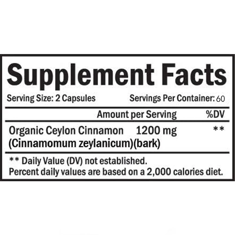 Organic Ceylon Cinnamon Supplement 60 Capsules, 1200mg Natural Antioxidant Diet, Promotes Heart and Immune Health