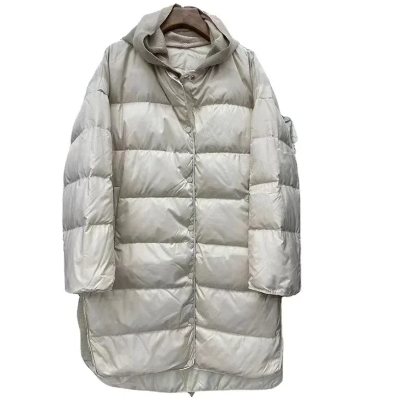 Winter 2022 Korean Womens Long Down Jacket New Knitted Detachable Hat White Duck Down coat for Women