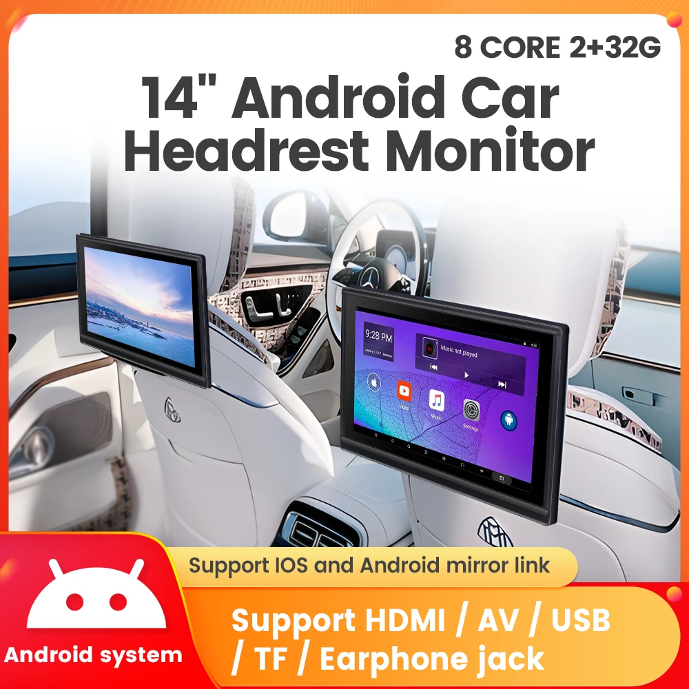 Navifly 10.1\'\' 11.6\'\' 14\'\' 8 CORE 2+32G Android System Car Headrest Monitor Multimedia Video Player Rear Seat Mirror Link USB TF