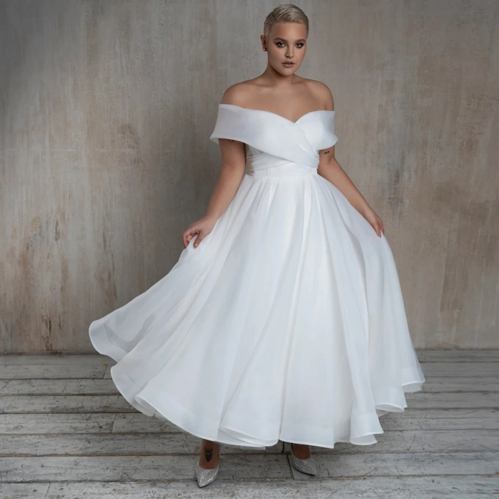 DREAM Organza Short Civil Wedding Dresses For Women Ankle-Length Off The Shoulder Bride Dress Robe De Mariée A-line Simple