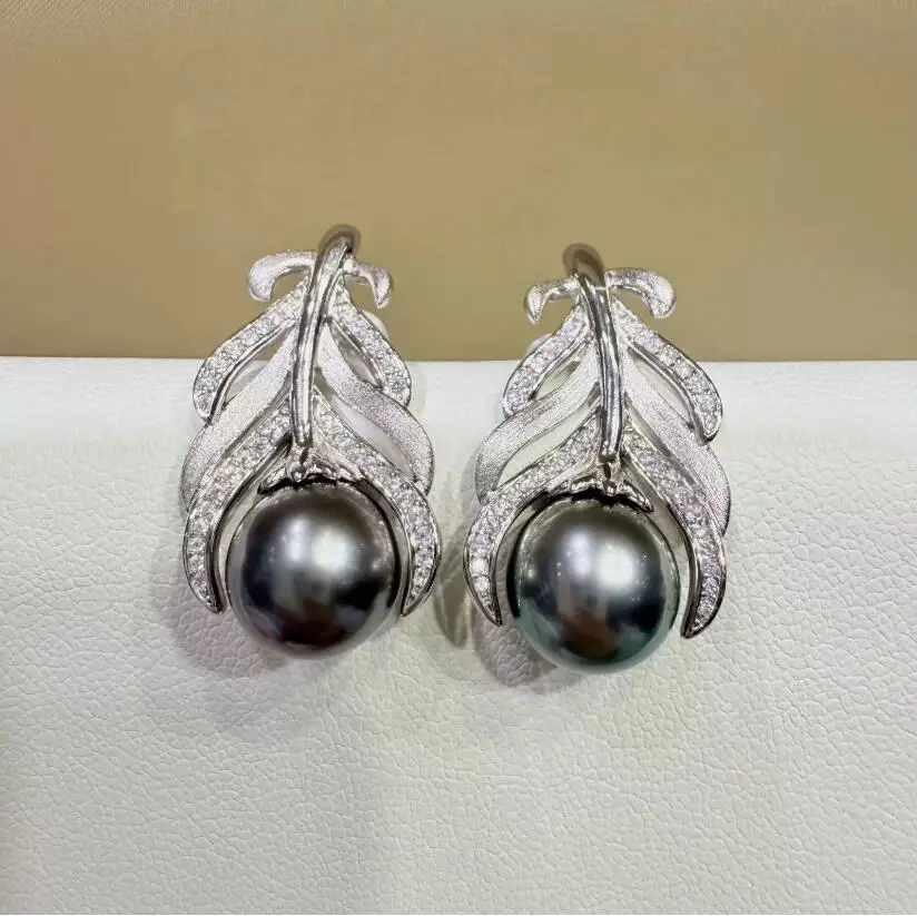 

stunning 9-10mm tahitian round black green pearl dangle earring 925s