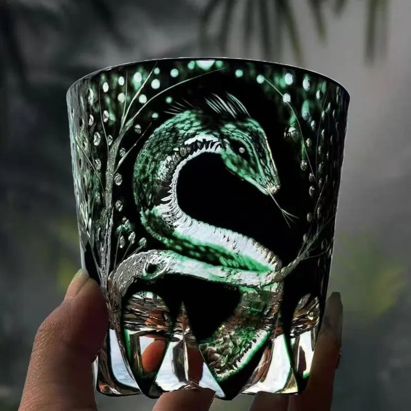 

265ml Edo Kiriko Glass Snake Design Crystal Whiskey Cup Hand Engraved Japanese Cut Craft