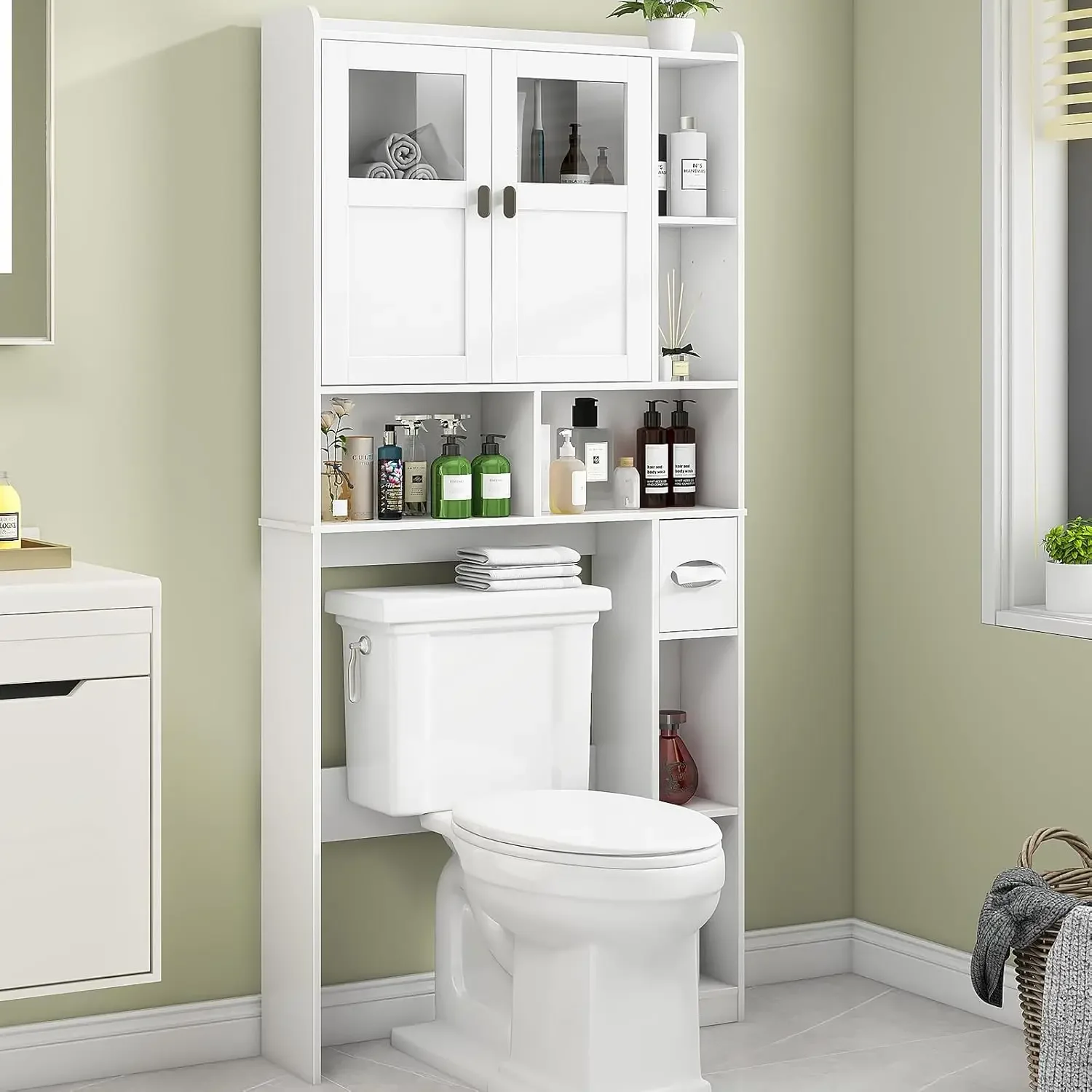 Over The Toilet Storage Cabinet, Bathroom Shelf Over Toilet with Glass Doors and Adjustable Shelves, White Freestanding Home