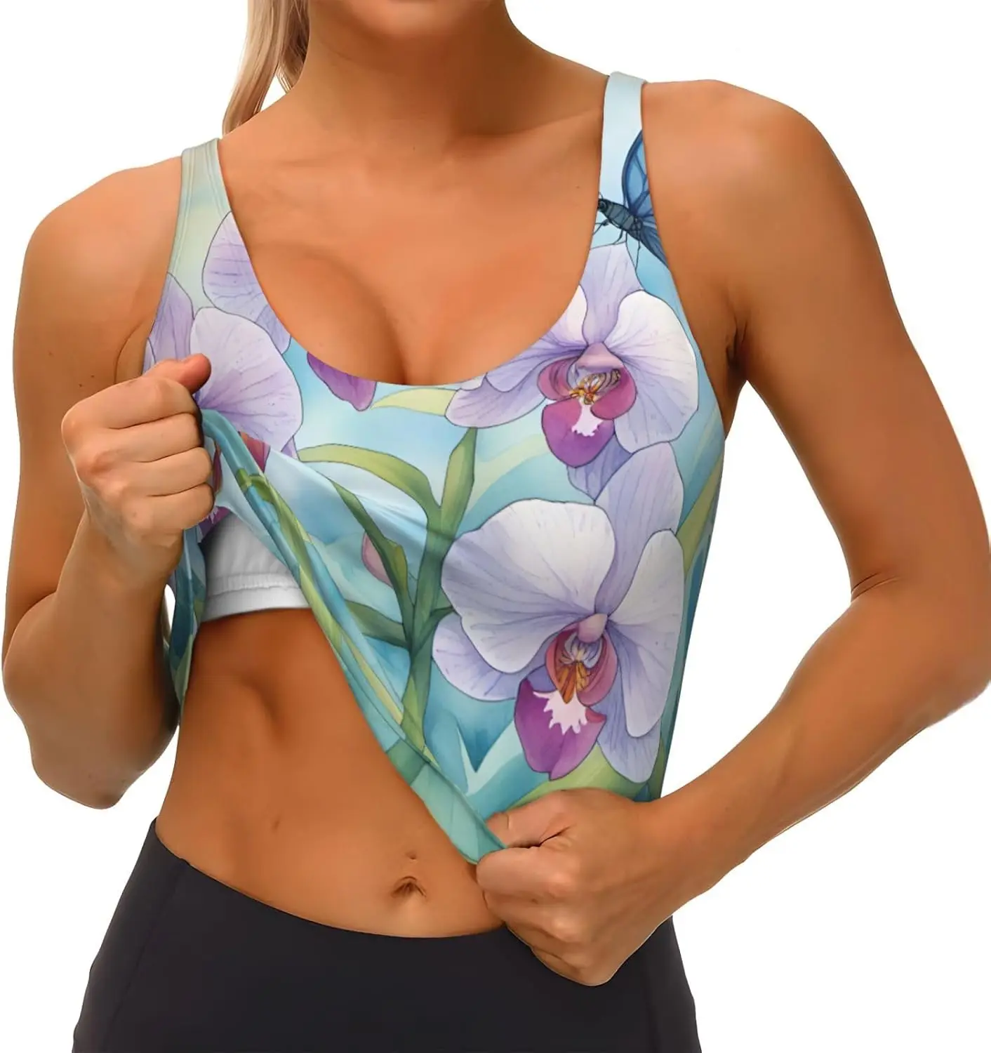 Débardeur de sport doux et frais imprimé fleur d'orchidée papillon pour femmes, gilet de Yoga léger avec rembourrage amovible