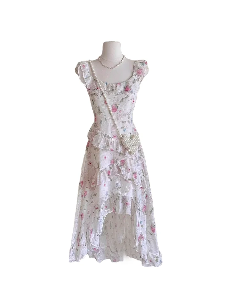 Women Pink Flower Print A-line Dress Vintage Sleeveless Beach Dresses Y2k Elegant One Piece Frocks 2000s Cutecore Clothes Summer