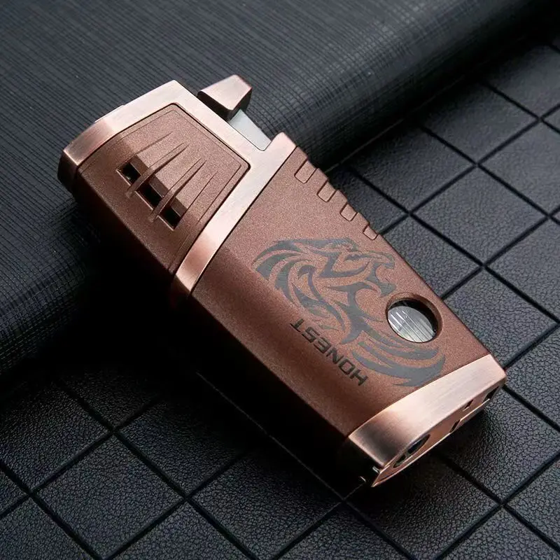 Briquet à flamme bleue double droite haut de gamme Honest avec coupe-cigare métallique et allumeur à gaz butane rechargeable - Multifonctionnel