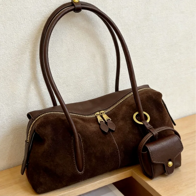 

Luxury Handbag Fashion Shoulder Bag Retro Hardware Suede Underarm Bag Brand Color-blocked Bowling Bag Casual Commuter Women Bag