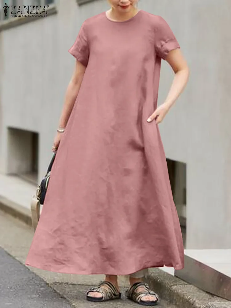 2023 ZANZEA Stylish Summer Dress Women O Neck Short Sleeve Solid Loose Sundress Elegant Kaftan A-line Party Vestidos Robe Femme