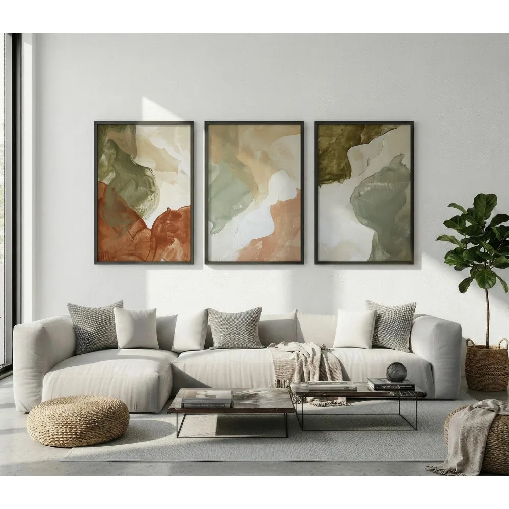 3pcs Frameless,Olive Green Sage and Terracotta Poster,Modern Organic Living Room Wall Art,Calm Earthy Tones Minimalist Art Print