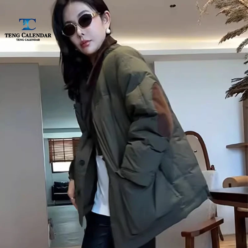 Europäische Plus-Size-Arbeitskleidungs-Daunenjacke, gespleißtes Revers, leichte warme weiße Entendaunenjacke, Damen-2025, neuer Winterstil