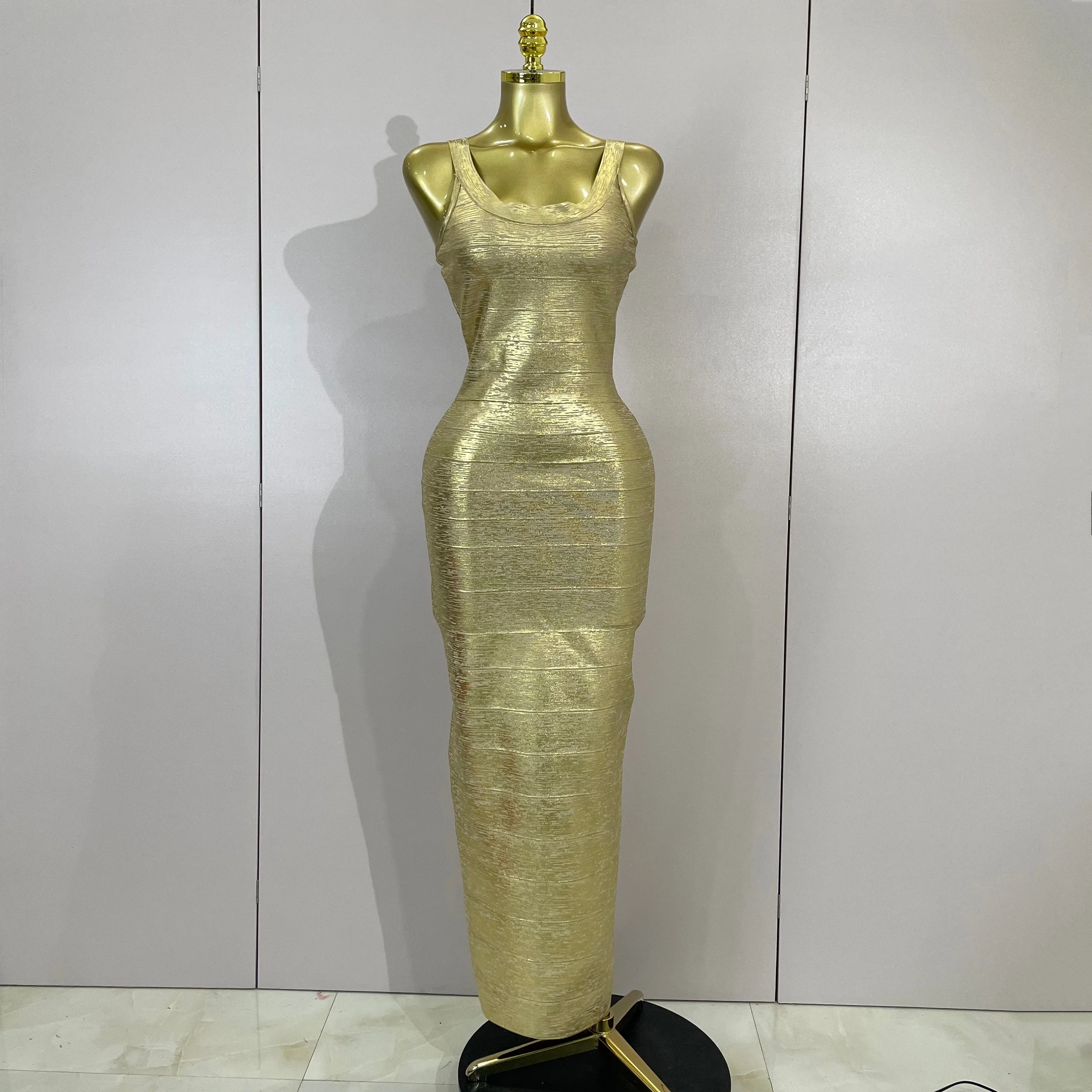 

Elegant Gold Sleeveless Bodycon Long Bandage Dress Women Celebrity Cocktail Evening Party Prom Luxury Birthday Dress Vestidos
