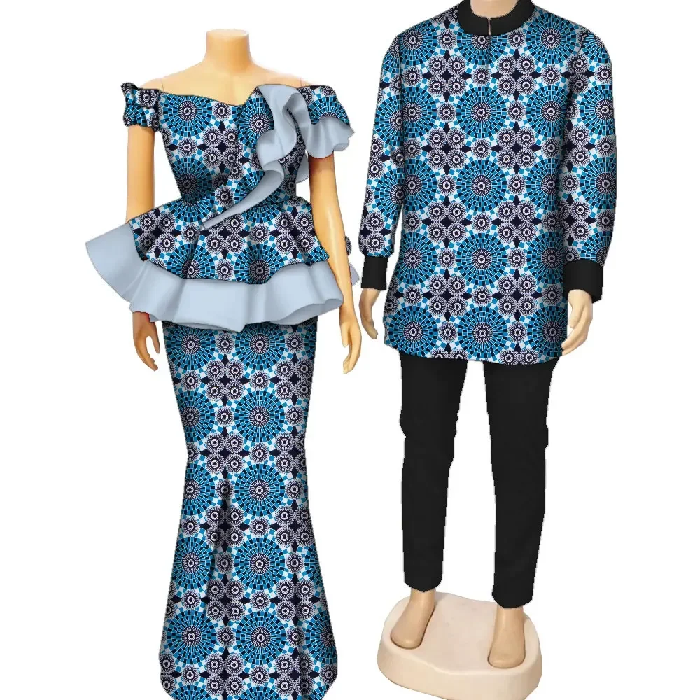 Fashion African Print Clothing for Couple Lovers Men's Dashiki Shirt and Women Skirts Set Couple Clothes for Wedding WYQ985