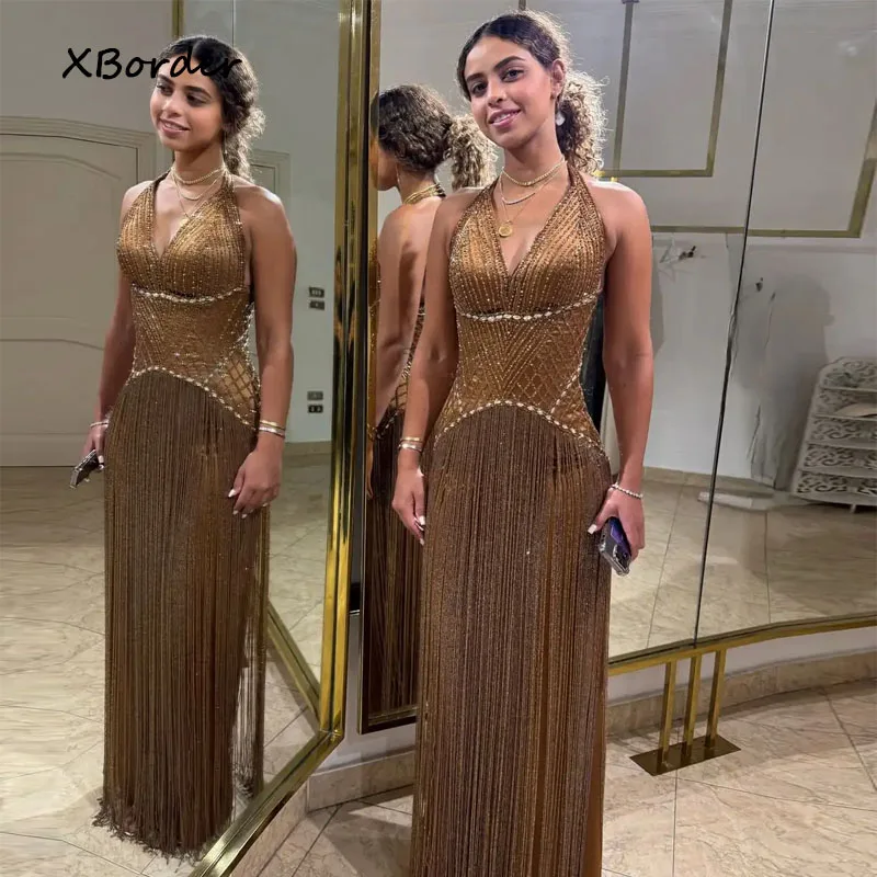 Customized Prom Dress Sexy V Neck Halter Beading Crystal Tassels Slim Charming Evening Formal Party Gowns Customized