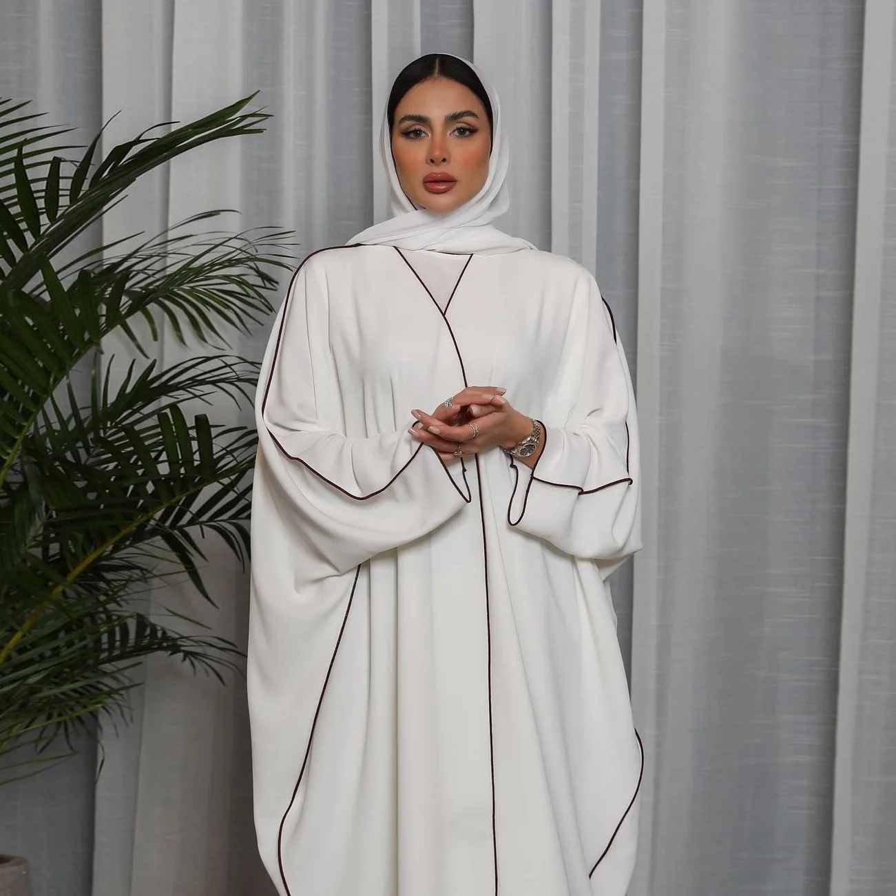 Modest Kimono Abaya White Middle Eastern Muslim Dubai Cardigan Robe for Women Contrast Patchwork Trim Islamic Clothing Eid New