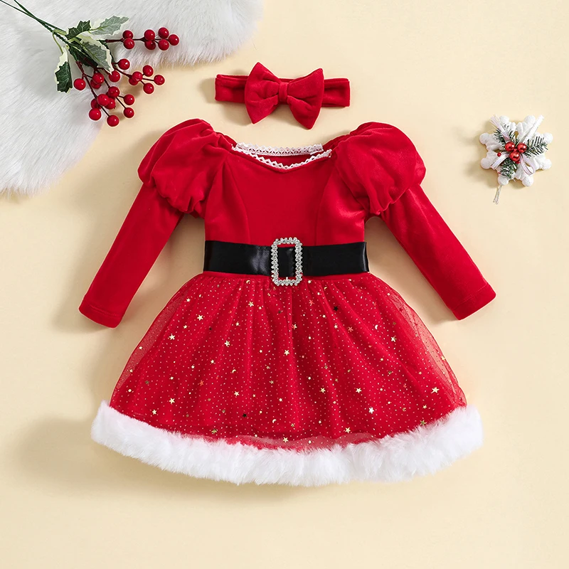 Sweety Kids Girl Christmas Dressse Outfit Long Sleeve Stars Patchwork Dress with Bow Headband for Cosplay Party Xmas Clothing