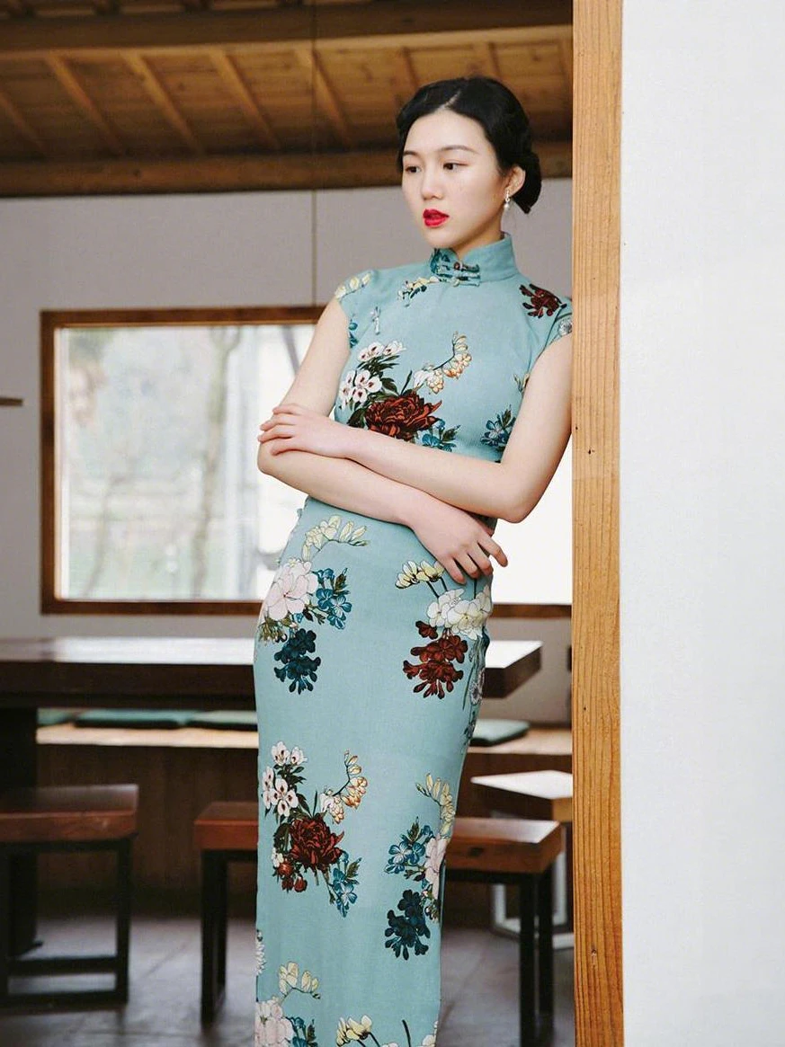 

Momei Long Slit f Button Cotton Silk Soft Jade Vintage Daily Floral Print Women's Traditional Chinese ...