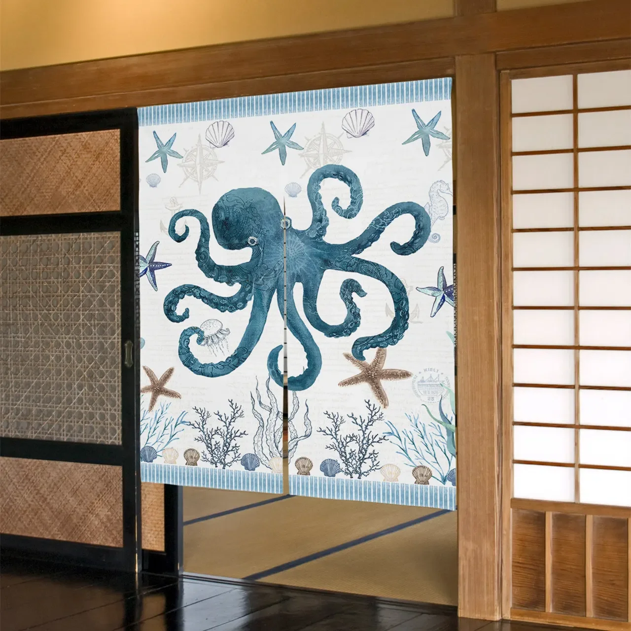 Cortina de puerta con diseño de pulpo, rayas oceánicas, algas marinas, estrellas de mar, cortina divisoria para puerta de cocina, media cortina colgante para entrada de comedor